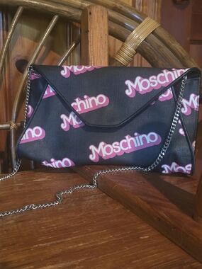 Moschino Barbie By Jeremy Scott Black Crossbody with Pink Logo Print